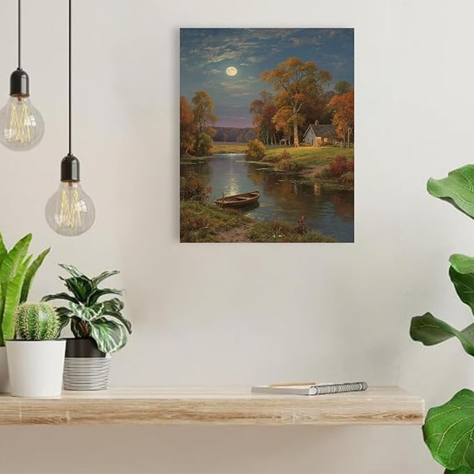 Small house by the stream under the moonlight tranquil style suitable for living room bedroom and office landscape poster wall art