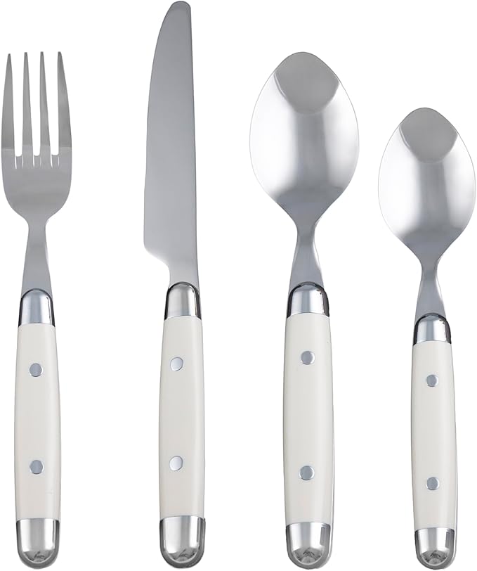Cambridge Silverware Set, Jubilee White 16-Piece Flatware Set, Service for 4, 18/0 Stainless Steel, Silver Mirror Finish Beige Handles, Knives Spoons and Forks set, Dishwasher Safe, (Beige, 16 Pieces)