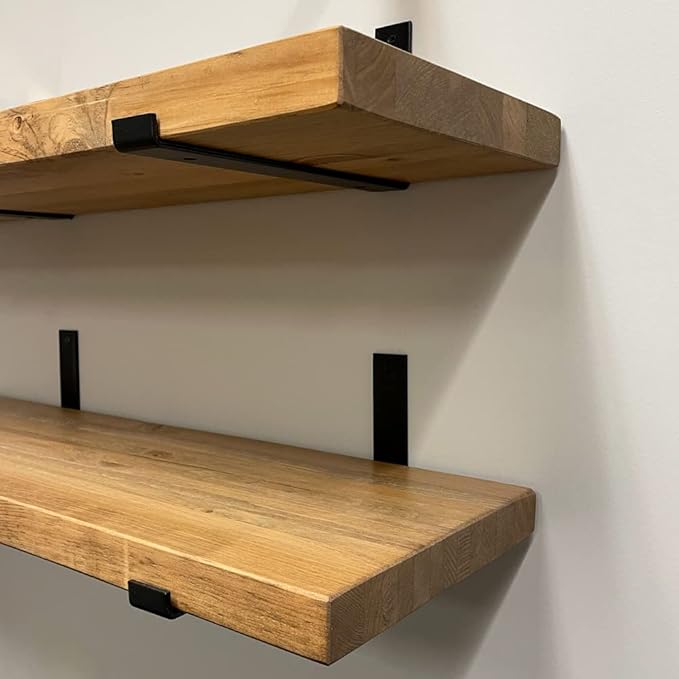 Rustic Shelves with J-Brackets Set of 2, Industrial Shelf, Kitchen Shelves, Solid Wood, Decorative Wall Storage, Heavy Duty, URBANDI (Brown, 12Wx6D)