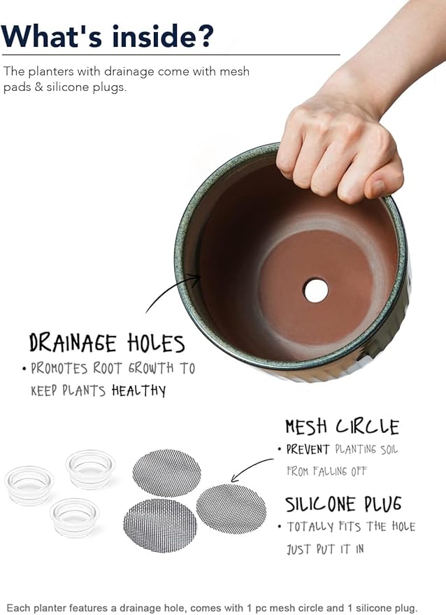 LE TAUCI Fluted Ceramic Planters Set of 3 – 8.3/7 / 5.7 in Dark Olive Reactive Cylinder Indoor Plant Pots with Drainage Plug & Mesh, Glossy Stoneware Flower Pots for Succulents Herbs