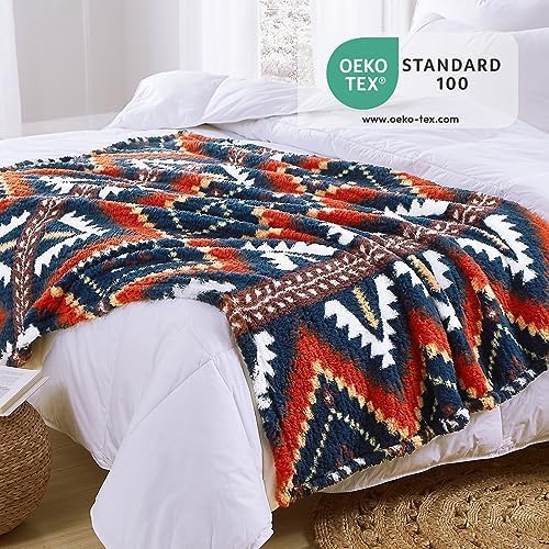 CASAAGUSTO Boho Sherpa Throw Blanket, Aztec King Size Blanket, Ultra Soft, Warm, Cozy, Plush, Thick Fleece Bohemian Throw Blanket for Couch, Bed, Sofa (Navy 108 * 90 Inch)