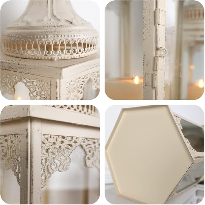 NEEDOMO Lanterns Decorative Outdoor & Indoor, Set of 2 Outdoor Lanterns for Porch,Large Candle Lantern, Beige Metal Frame with Glass for Fall, Christmas