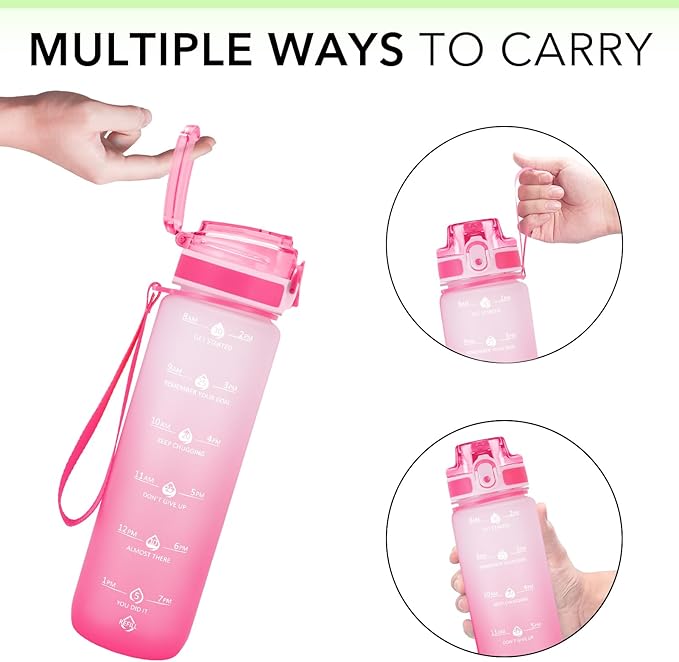32oz Motivational Water Bottles with Time Marker & Fruit Strainer, Transparent Gradient Color Water Bottle with Times to Drink, Leakproof & BPA Free, Reusable Bottle with Strap (No Straw)