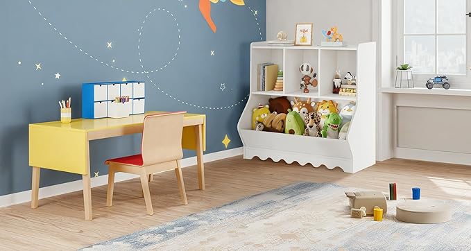 Wood Kid Storage Cubby, Toy Storage Organizer with Bookshelf, 32"L x 15"D x 31"H Montessori Toy Shelf, Nursery Book Shelves, Wooden 4-Cubby Children Book Shelf for Playroom Classroom, White