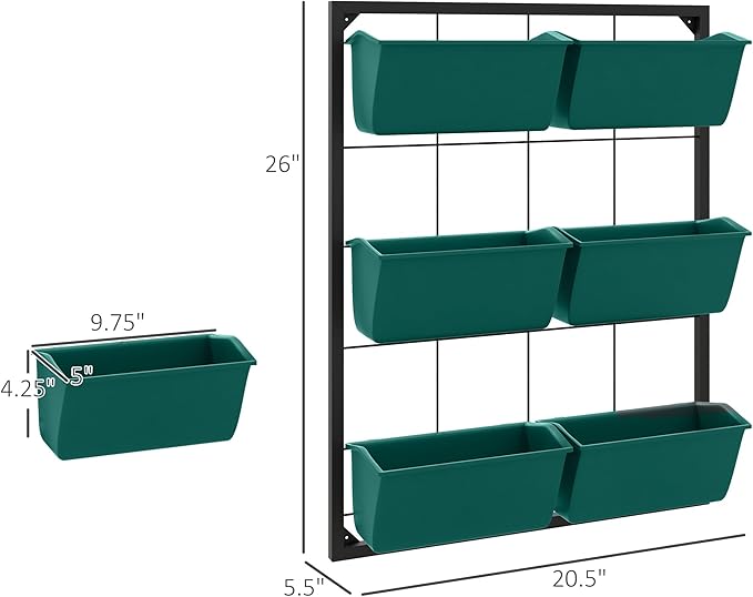 Outsunny 3-Tier Wall Planter with 6 Pots for Indoor and Outdoor Use, Hanging Plant Holder, Self Draining Wall Mounted Planter for Vegetables, Flowers, Herbs, Green