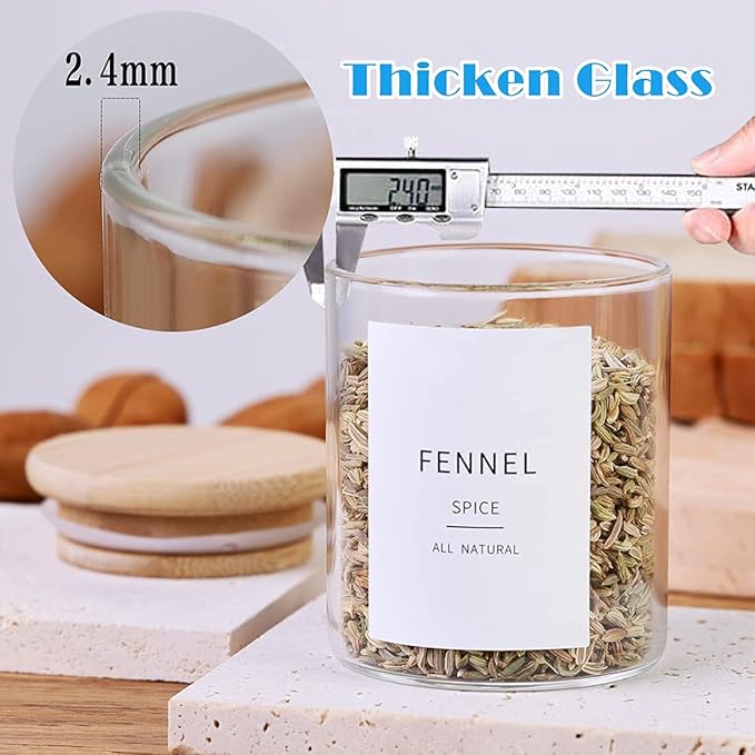 Glass Spice Jars with Bamboo Lids - 20 Pcs Thicken(2.4mm) 6oz Airtight Seasoning Containers with 131 Waterproof Minimalist Spice labels Preprinted - Small herb Jars for Pantry Organization and Storage