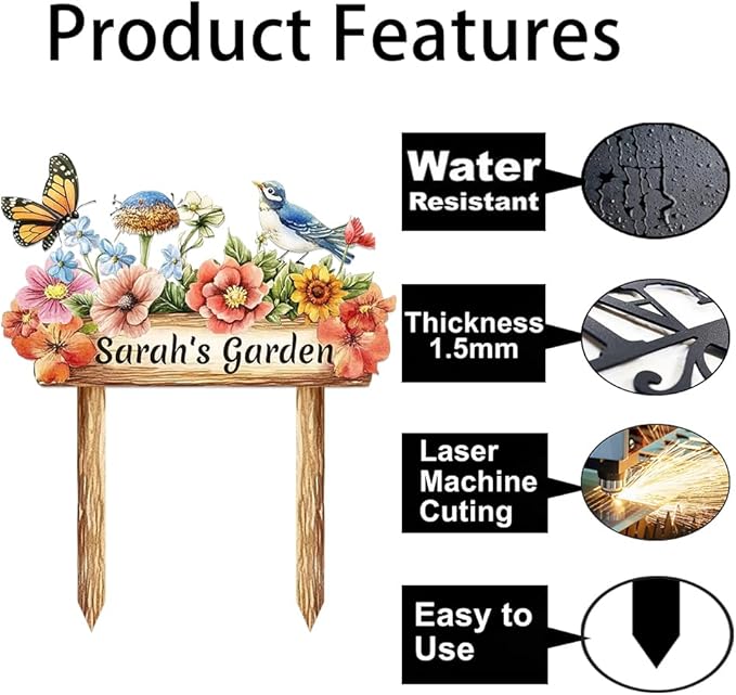 Personalized Colorful Bird Metal Sign with Stake,Custom Gardener Last Name Signs Outdoor Decorate,Customized Garden Accessories Decor for Mom,Butterfly Flowers Plaques for Patio Lawn Porch Backyard