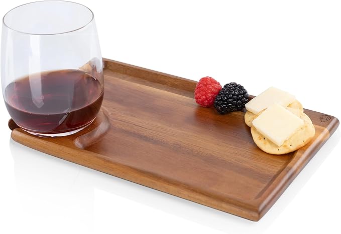 PICNIC TIME Rectangle Wine Appetizer Plates Set of 4, Cocktail Plate with Glass Holder, Cheese Board with Wine Holder, (Acacia Wood)
