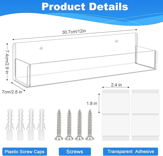 Acrylic Spice Rack Wall Mount-12 Inch, Clear Spice Shelf Storage Holder, 2 Pack Hanging Seasoning Rack Organizer for Cabinet Door, Cupboard or Wall Kitchen (Adhesive or Screw)
