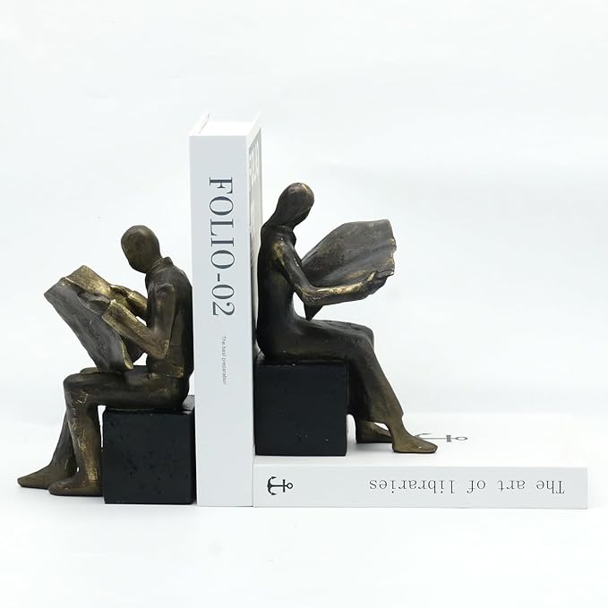 Lukitas Decorative Newspaper Reader Bookends, Heavy Duty Book Holder Non-Slip, Vintage Home Décor Accessories for Study Office Bookshelf, Bronze, Resin, 1Pair/2Piece
