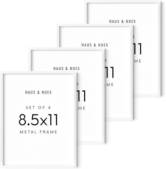 HAUS AND HUES 8.5x11 White Metal Picture Frames - Features Premium Aluminum, Shatterproof Plexiglass - Perfect for Diplomas, Documents, Certificates (8.5x11 in, White, Set of 4)