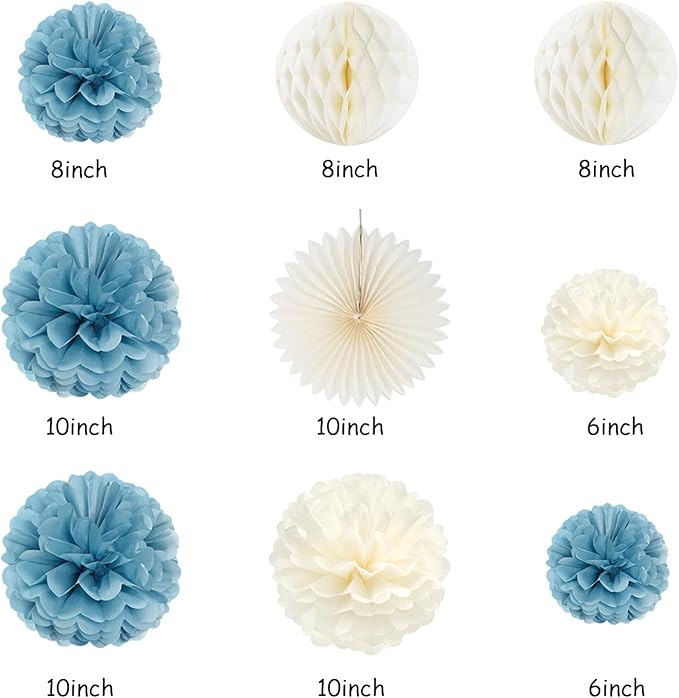Dusty-Blue White Birthday Party-Decorations Paper-Flowers - 14pcs Happy Banner Boy Lanterns Tissue Pom Poms,Men Streamers Garland Fans Honeycomb,Baby Teen Male Kids Hanging Supplies Decor Hugfond