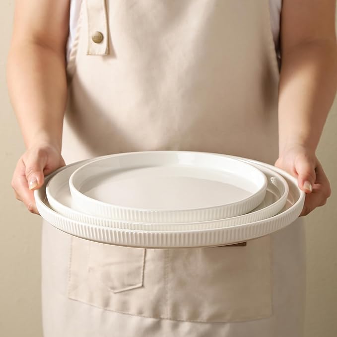 3 Packs Serving Platters, Large Serving Tray, Round Platters for Serving Food, Food Tray for Veggie Fruit Snack Dessert Cheese, White Ceramic Serving Trays for Party, Entertaining, 12.8”/10.8”/8.8”