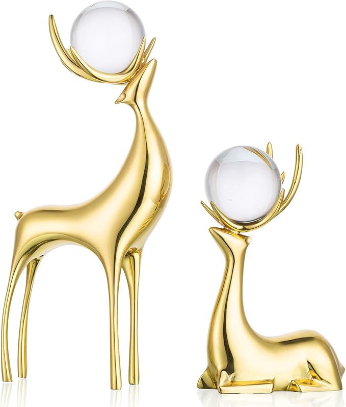 Sziqiqi Brass Reindeer Sculptures Animal Figurine Statues Christmas Deer Pure Copper Heavy Reindeer Ornaments for Home Decor Accents Living Room Office Bookself Tabletop Mantle Decoration