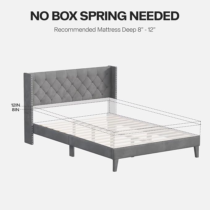 Full Size Bed Frame with LED Lights, Upholstered Bed Frame with Wingback Diamond Tufted Headboard, Wood Slats Support, Noise-Free, Easy Assembly, No Box Spring Needed, Grey