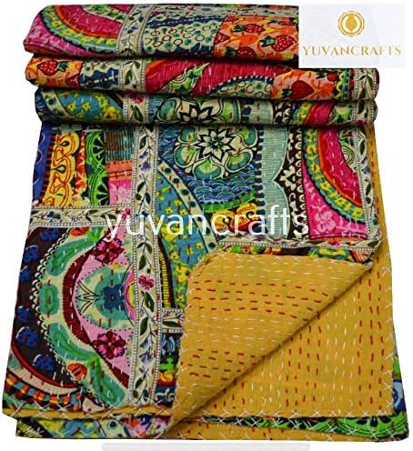 YUVANCRAFTS Patchwork Cotton Kantha Quilt - Indian Traditional Handmade Bedding Vintage Multi Color Quilt Blanket (Twin (60"x90"), Multi Patch 1)