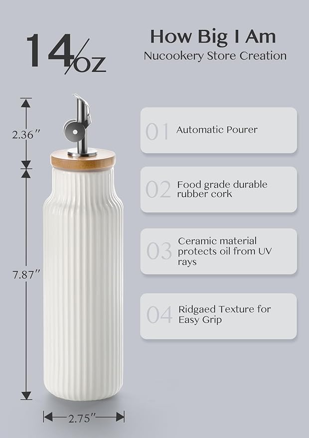 Nucookery Ceramic Olive Oil Dispenser Bottle for Kitchen, 14 oz Opaque Vinegar Dispenser Bottle, Large Capacity Cooking Oil Container for Storage Vinegar, Soy Sauce, Coffee Syrup, White