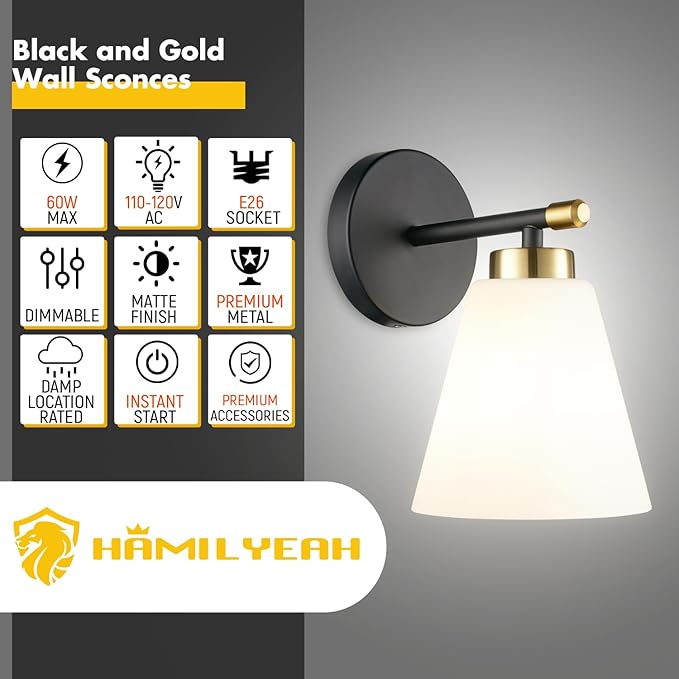 Hamilyeah Black and Gold Wall Sconces Set of 2, Modern Industrial Bathroom Sconces Wall Lighting with Milk Glass Shade, Wall Sconce Lighting Fixture for Living Room, Kitchen, Fireplace, Hallway