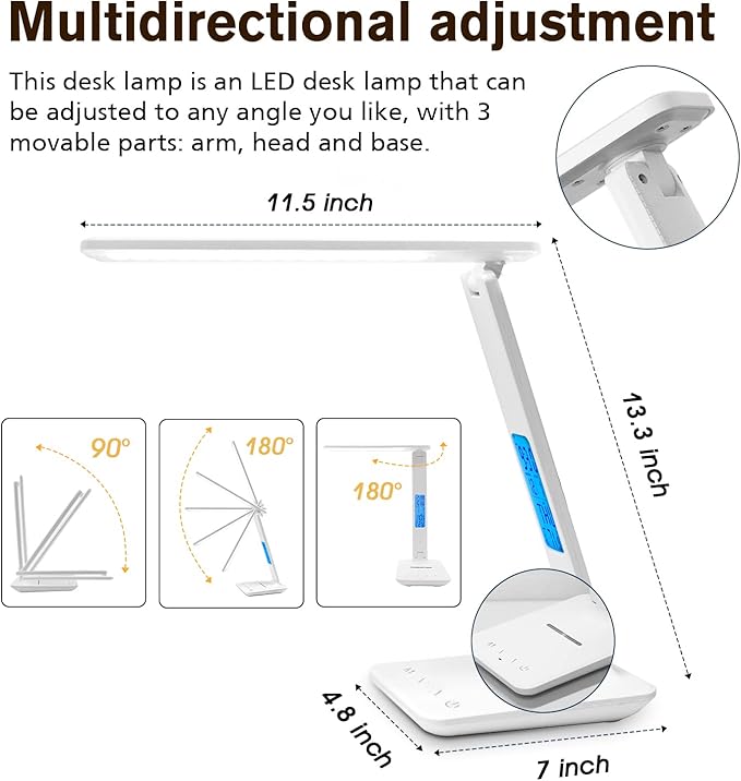 Desk Lamp with Wireless Charger: USB Charging Port, Table Lamp with Clock, Desk Lamps for Home Office College Dorm Room Essentials