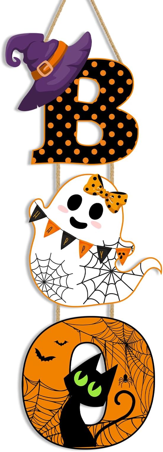 Britimes BOO Halloween Door Sign for Front Door, Halloween Cute Ghost Black Ghost Wall Decorations Wooden Hanging Signs for Home Wall Porch Outdoor Party Decor