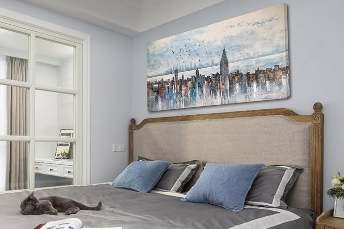 Arjun Cityscape Wall Art New York City Skyline Buildings Picture Modern Abstract Grey NYC Skyline Birds Painting Framed Artwork for Bedroom Living Room Bathroom Home Office Decor, Large Size 40"x20"