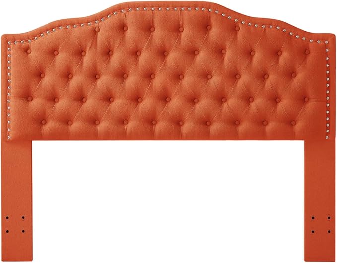 24KF Upholstered Button Tufted Queen Headboard with Nailhead Trim, Elegant Boucle Fabric Full headboard, 6031-Q-Boucle-Orange