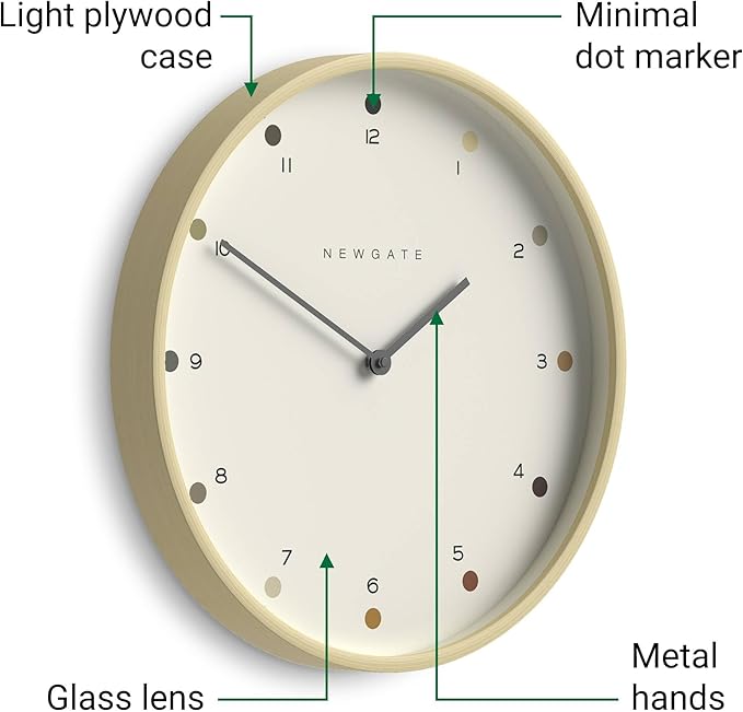 NEWGATE® Mr Clarke Wall Clock | Large Scandi Inspired Plywood Clock | 16 inch | Pale Wood case with Designer dot dial | Modern Minimalist Design for Kitchen, Living Room or Office