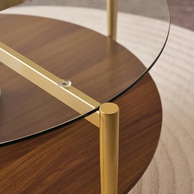 Round Coffee Table, Mid-Century Modern Design, D30“ x H17”, for Living Room, 2-Tier Structure, Clear Glass Top and Walnut MDF Shelf, Sleek Conical Metal Legs with Gold Finish