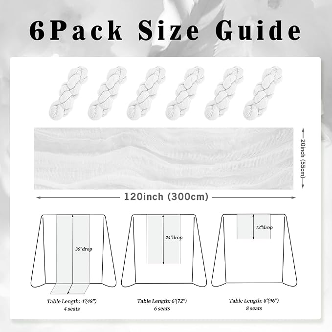 10FT 6 Pack White Cheesecloth Table Runner 20 x 120 Inch Long Rustic Gauze Cheese Cloth Table Runner for Wedding Bridal Baby Shower Table Decorations Boho Fabric Sheer Birthday Party Table Decor
