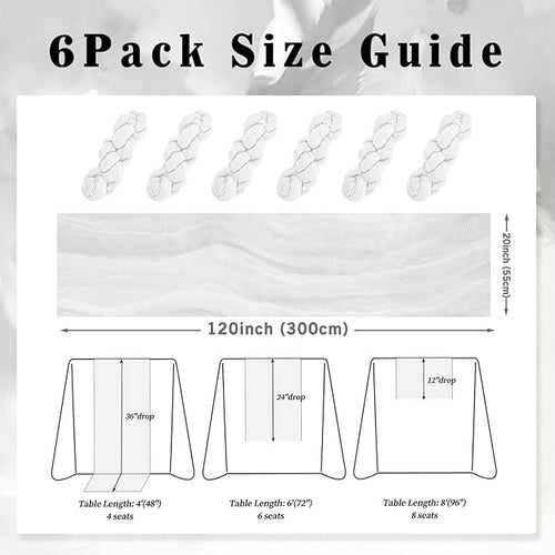 10FT 6 Pack White Cheesecloth Table Runner 20 x 120 Inch Long Rustic Gauze Cheese Cloth Table Runner for Wedding Bridal Baby Shower Table Decorations Boho Fabric Sheer Birthday Party Table Decor