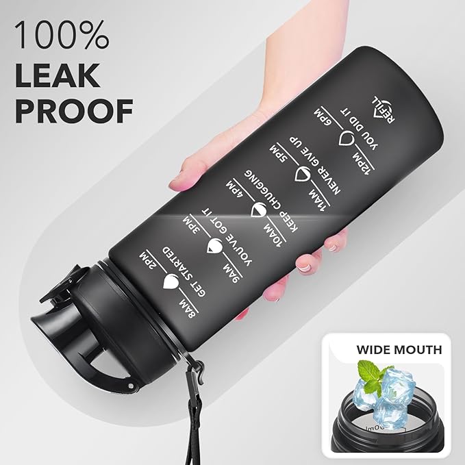 Enerbone Water Bottle, Leakproof BPA & Toxic Free, Motivational Water Bottle with Times to Drink and Straw, Fitness Sports Water Bottle with Strap for Office, Gym, Outdoor Sports