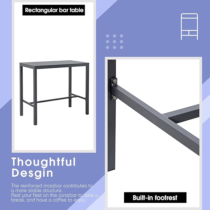 Soleil Jardin Bar Table High Top Table with All-Aluminum Frame Rectangular Pub Table for Indoor & Outdoor Use, Easy Assembly & Low Maintenance, Dark Grey