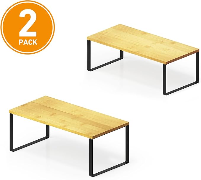 SpaceAid Cabinet Shelf Organizers 2 Pack, Kitchen Counter Rack Shelves Riser, Stackable Expandable Spice Rack, Pantry Cupboard Storage Organization (Black and Natural, Long)