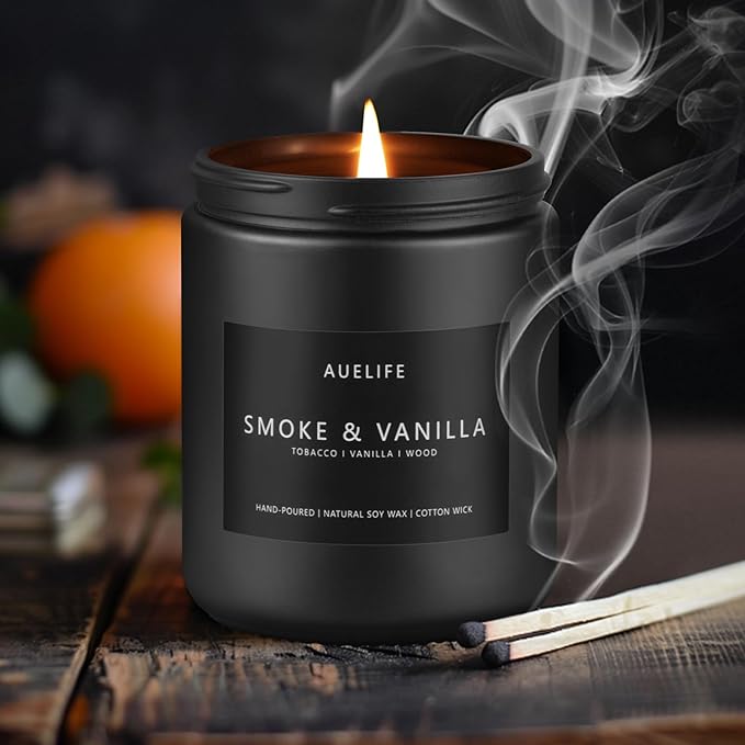 2 Pack Men Candles | Smoke & Vanilla + Vintage Leather - Scented Candles for Men - Masculines Candle - Soy Candle for Home Scented, Man Gifts, Black Jar - 7oz