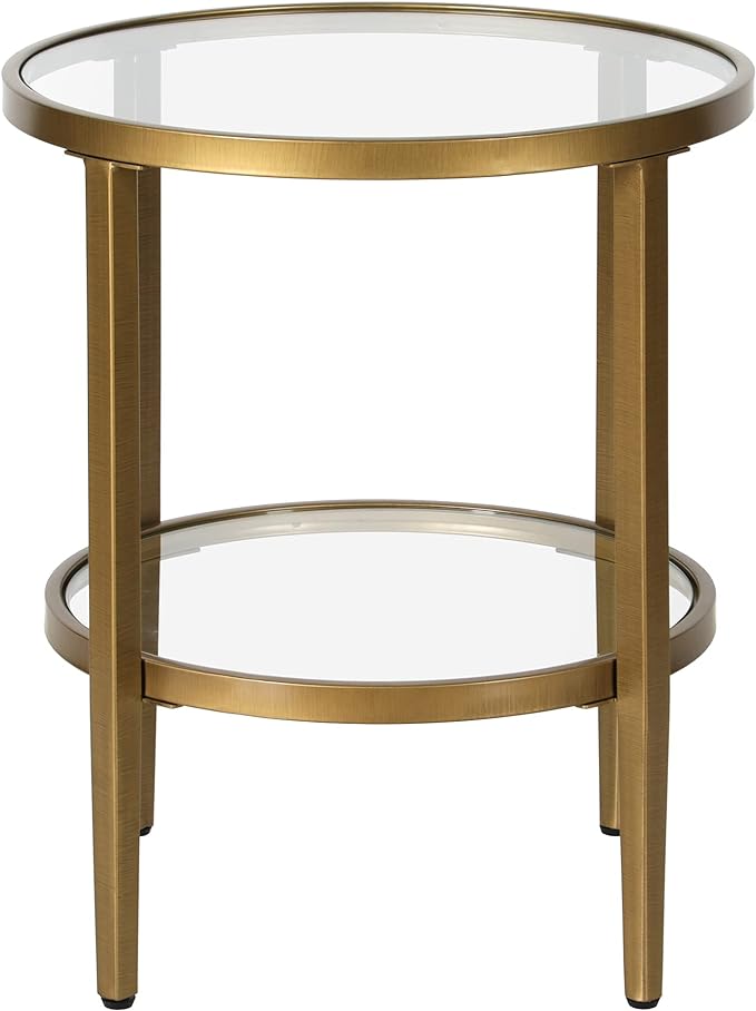 Henn&Hart 20" Wide Round Side Table with Glass Shelf in Antique Brass, Table for Living Room, Bedroom