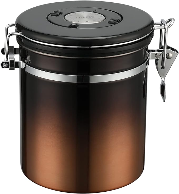 malmo Coffee Canister, Airtight Coffee Container with Date Tracker Lid, Stainless Steel Canister for Kitchen Food Storage (Black-Copper, 16oz)