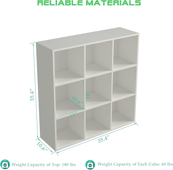9-Cube Storage Shelf Bookcase - Wooden 3-Tier Floor Standing Open Bookshelf for Home and Office, Display Cabinet, Warm White