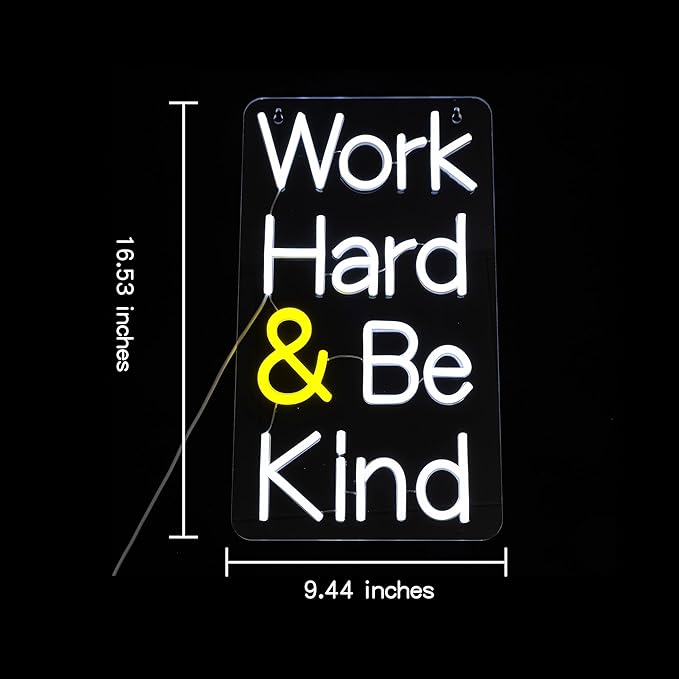 Work Hard Be Kind Neon Sign for Wall Decor Letter Neon Light Be Kind LED Neon Sign for Office White LED Neon Light for Offices Classroom Bedroom Study Room Decoration