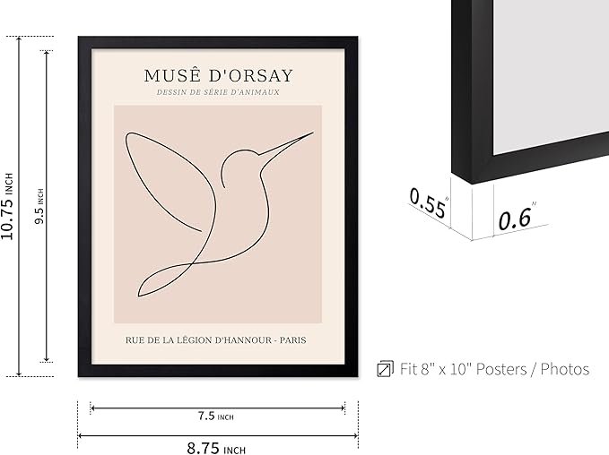 Poster Master Vintage Poster - Retro One Line Hummingbird Drawing Print - Bird Line Art - Minimal Gift for Him, Her, Animal Lover - Abstract Decor for Home, Office, 8x10 Black Framed