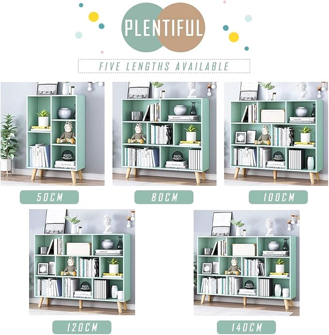 IOTXY Wooden Open Shelf Bookcase - 3-Tier Floor Standing Display Cabinet Rack with Legs, 8 Cubes Bookshelf, Tiffany-Green