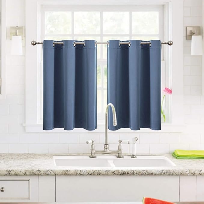 ChrisDowa Small Window Curtains for Kitchen and Bedroom - Grommet Short Thermal Insulated Room Darkening Curtains (2 Panels, Stone Blue, 42 x 36 Inch)