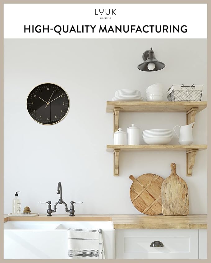 LUUK LIFESTYLE Modern Wall Clock with Silent Quartz Movement, Stylish & Functional, Decoration for Bedroom, 12 inch, in Black & Gold