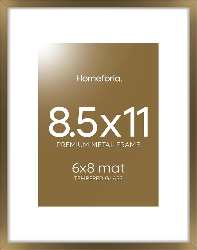 Homeforia 8.5x11 Picture Frame Bronze, High End Metal Brass Frame 8.5 x 11 with Mat 6 by 8 Photo, 11x8.5 Frames Matted to 6x8 Print, 8.5by11 Wall or Tabletop Frames, Tempered Glass, Wall Kit, Set of 1