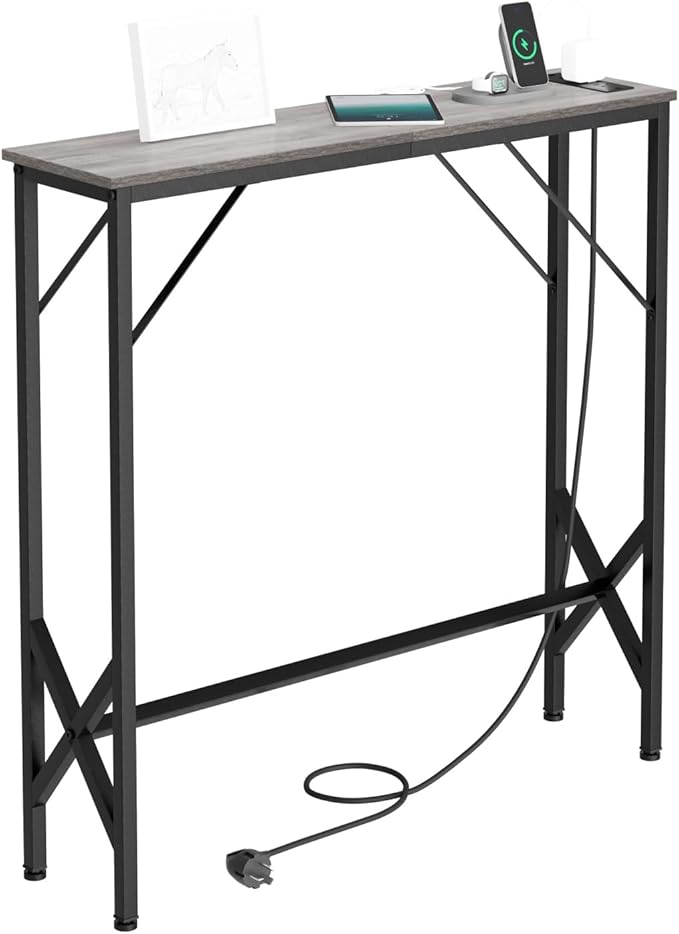 31.5‘’ Console Table, Skinny Entryway Table with Fast-Charging Station, Narrow Long Sofa Table, Behind Slim Couch Table for Entrance, Hallway, Living Room Decor ST-GY80-1