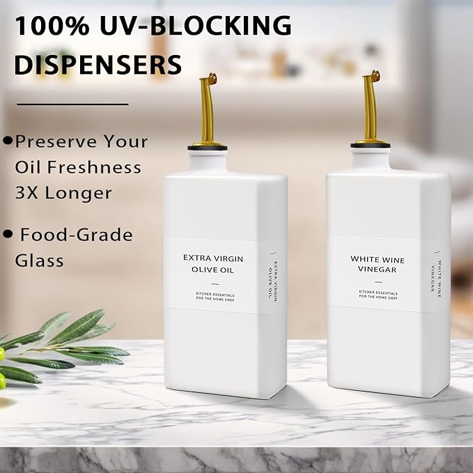 Olive Oil Dispenser Bottle for Kitchen, 16.9oz Soy Sauce Dispenser, UV Protected Oil&Vinegar Cruet Set, Soy Sauce Dispenser (White, Set of 2)