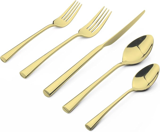 Alata Bailey Champagne Gold 20-Piece Forged Stainless Steel Flatware Set Cutlery Set, Service for 4, Silver Finish, Dishwasher Safe