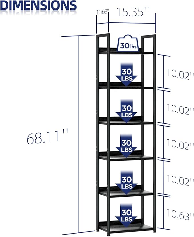NUMENN Narrow Bookshelf, 6 Tier Bookshelves, Home Office Bookcase Shelf Storage Organizer, Free Standing Storage Shelving Unit for Bedroom, Living Room and Home Office, Black