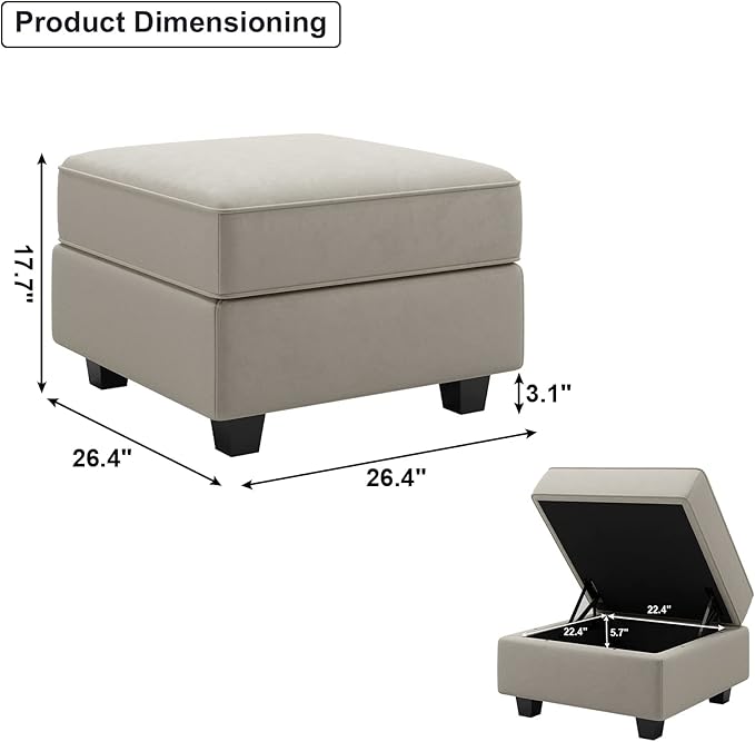 Belffin Storage Ottoman Module for Modular Sectional Sofa Square Seat Cube Velvet Foot Stool Grey