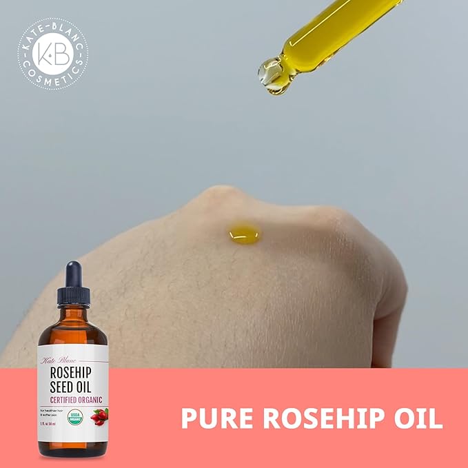Kate Blanc Cosmetics Rosehip Oil for Face & Softer Glowing Skin (1oz, Organic, Pure, Cold Pressed) Rosehip Seed Face Oil for Facial & Gua Sha Massage