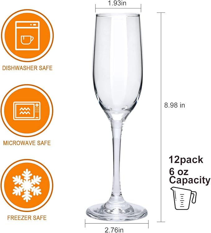 6 oz Champagne Flutes Glass, Wine Flutes Set of 12, for Champagne, Wine, High-End Banquets, Parties, Bars, Weddings, Gifts (12pcs)